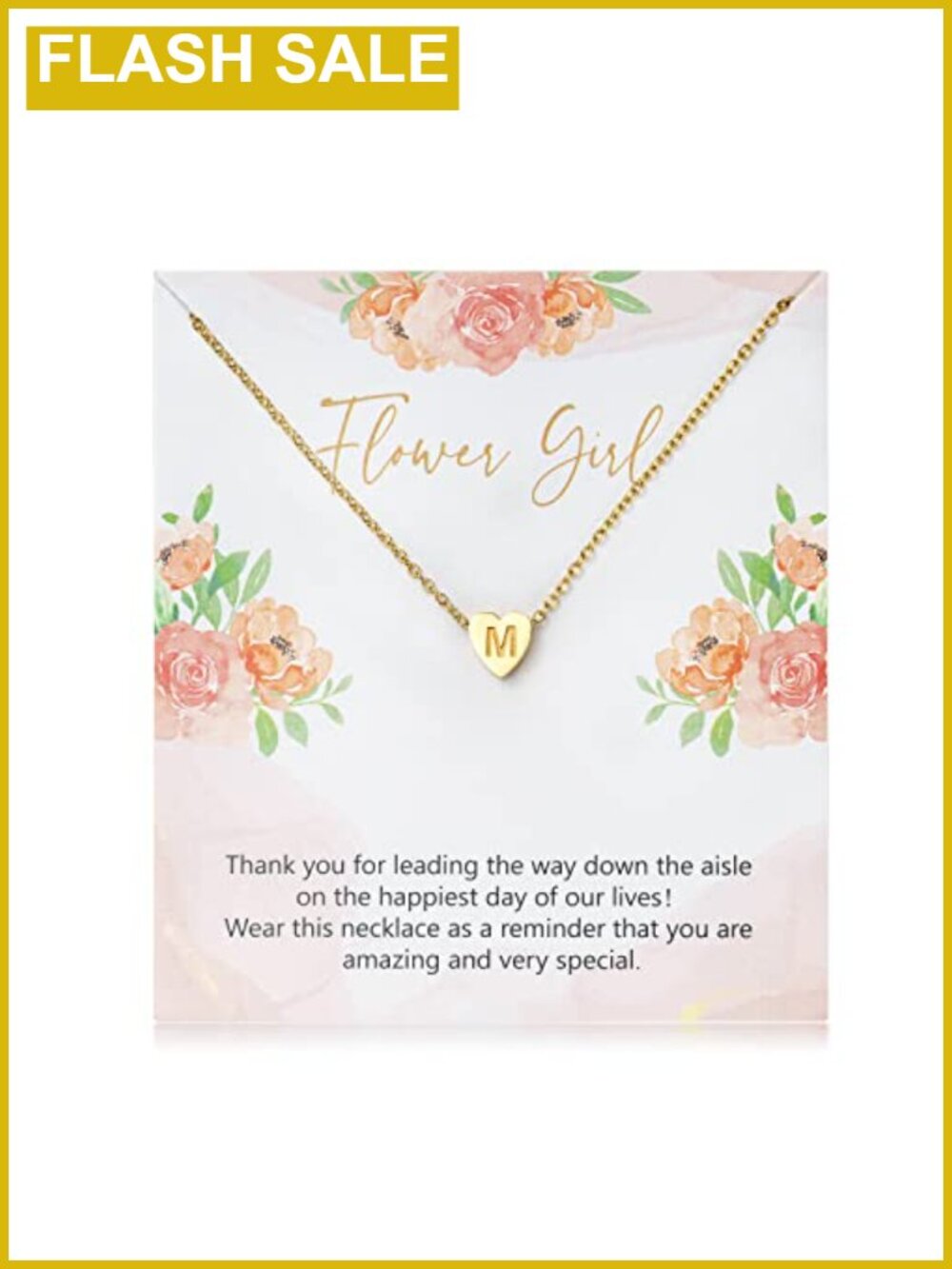 14K Gold Plated Flower Girl Initial Heart Pendant Necklace Adjustable